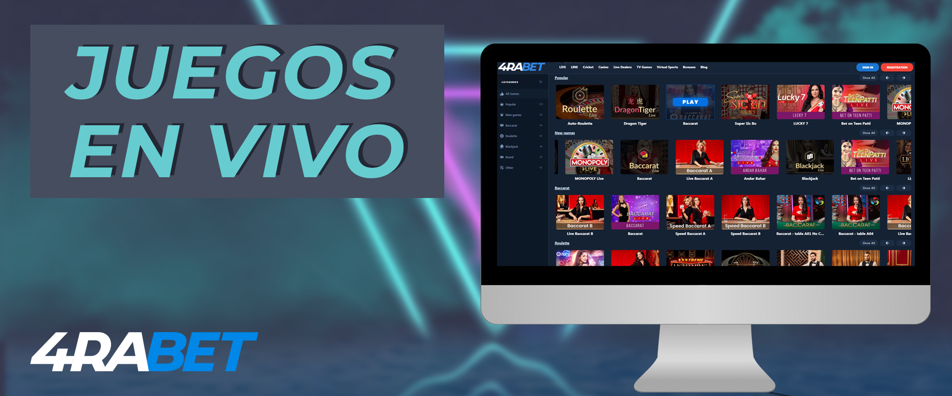 Juegos disponibles en la sección de casino en vivo del sitio web de 4rabet
